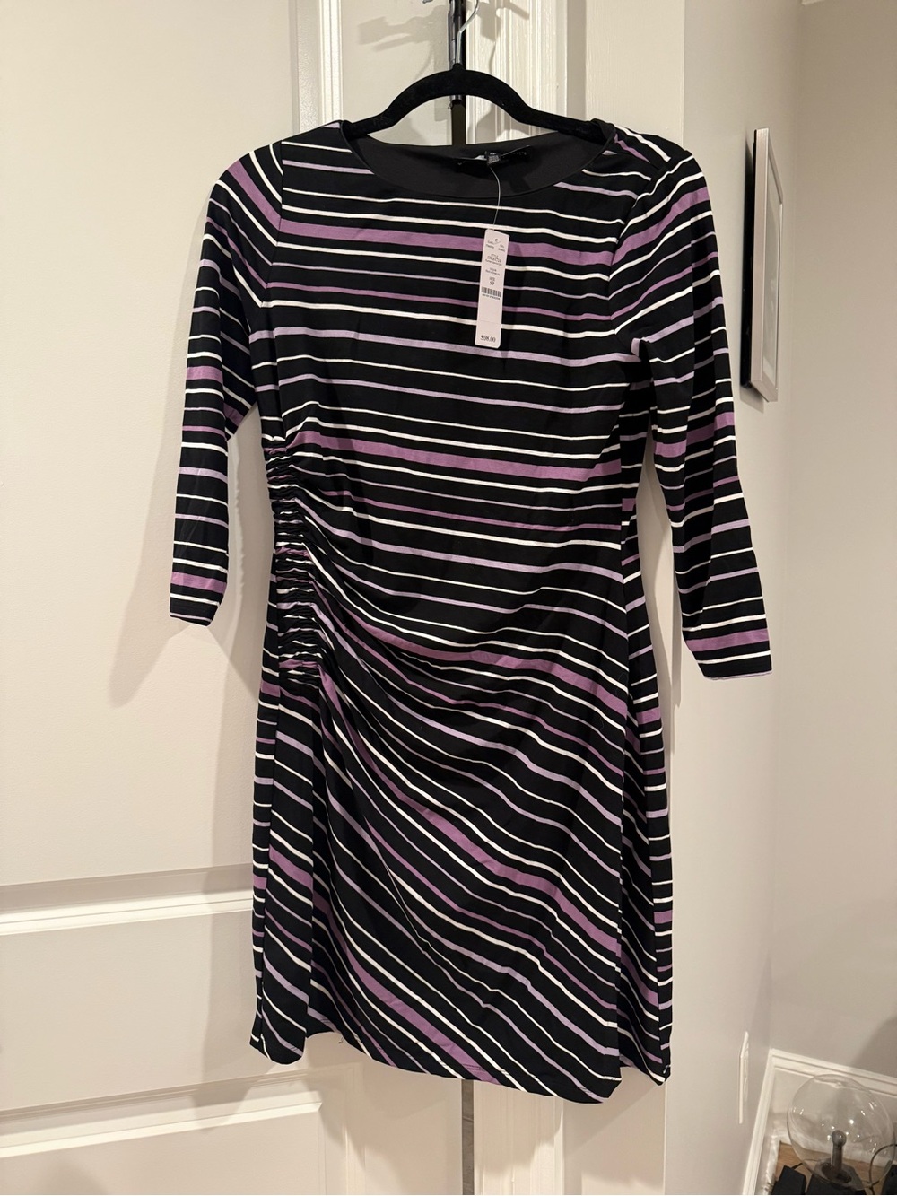 White House Black Market Black, Purple & White Striped Ruched Dress